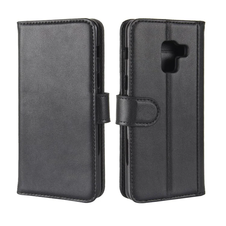 Genuine Leather Wallet Stand Phone Cover for Samsung Galaxy A8 (2018) Cell Phone Leather Shell - Black-Cellmalls