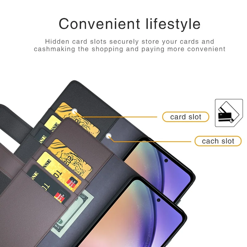 For Samsung Galaxy A55 5G Case Genuine Cow Leather + Split Leather Phone Cover with Wallet Stand - Black-Cellmalls