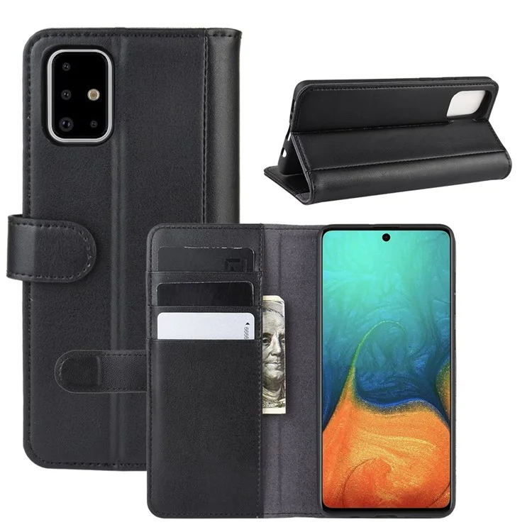 For Samsung Galaxy A71 Phone Cases Genuine Split Leather Wallet Mobile Cover Stand - Black-Cellmalls