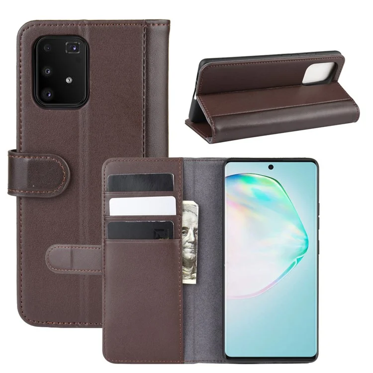 For Samsung Galaxy A91 / S10 Lite / M80s Phone Cases Genuine Split Leather Wallet Mobile Cover Stand - Black-Cellmalls