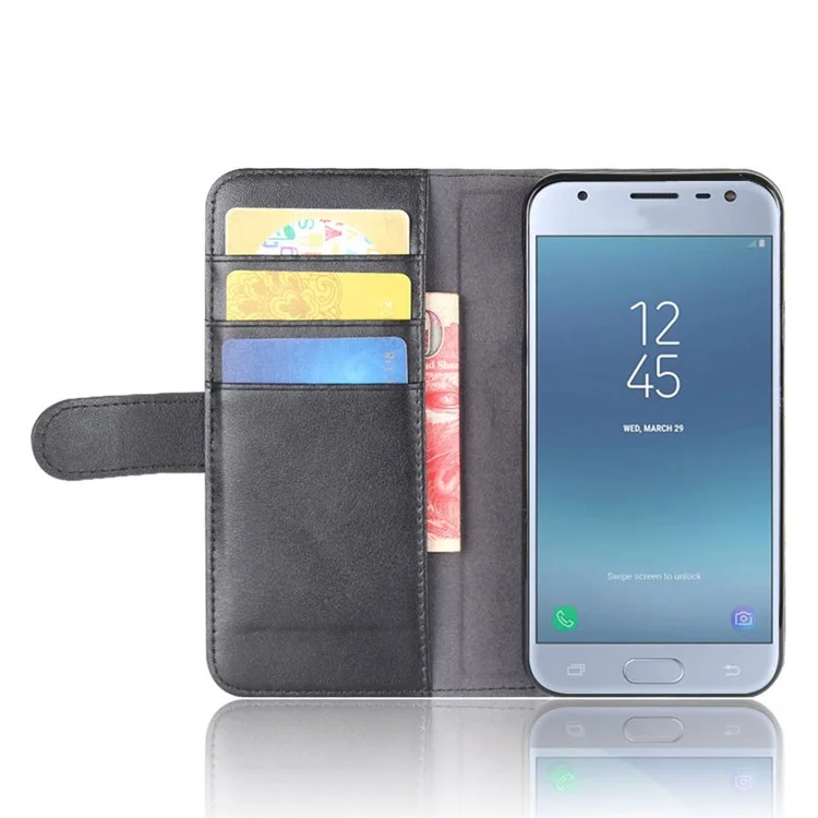 Genuine Split Leather Wallet Stand Mobile Cover for Samsung Galaxy J3 (2017) EU Version / J3 Pro (2017) - Black-Cellmalls