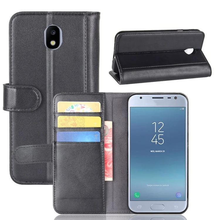 Genuine Split Leather Wallet Stand Mobile Cover for Samsung Galaxy J3 (2017) EU Version / J3 Pro (2017) - Black-Cellmalls