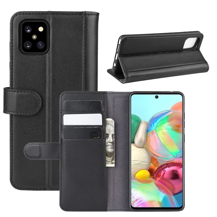 For Samsung Galaxy A81 / Note 10 Lite / M60s Phone Cases Genuine Split Leather Wallet Mobile Cover Stand - Black-Cellmalls