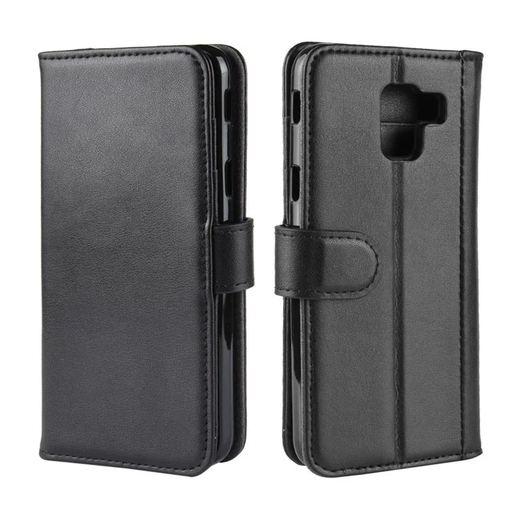 For Samsung Galaxy J6 (2018) Phone Cases Genuine Split Leather Wallet Mobile Cover Stand - Black-Cellmalls