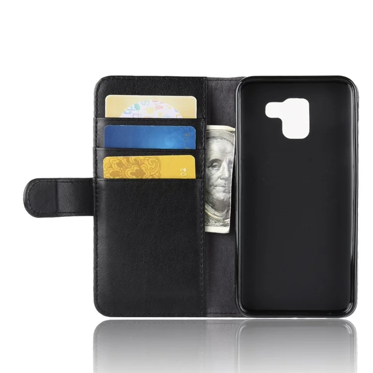 For Samsung Galaxy J6 (2018) Phone Cases Genuine Split Leather Wallet Mobile Cover Stand - Black-Cellmalls