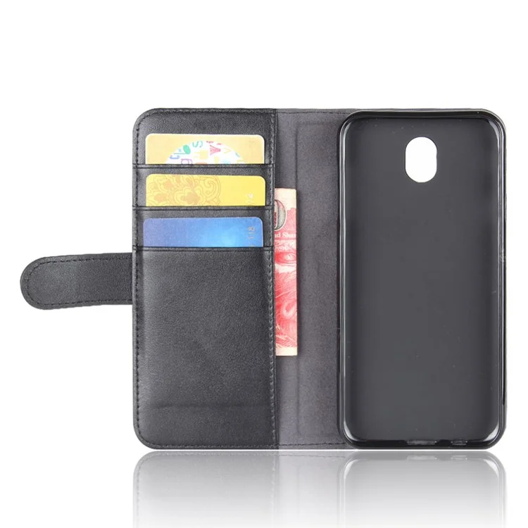 Genuine Split Leather Wallet Stand Mobile Cover for Samsung Galaxy J3 (2017) EU Version / J3 Pro (2017) - Black-Cellmalls
