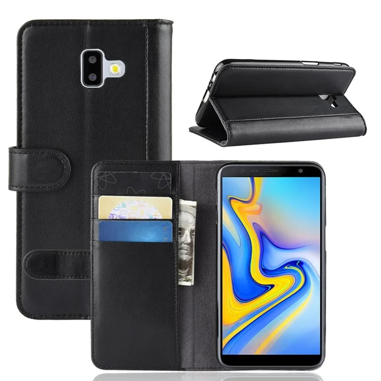 For Samsung Galaxy J6 Plus Phone Cases Genuine Split Leather Wallet Mobile Cover Stand - Black-Cellmalls