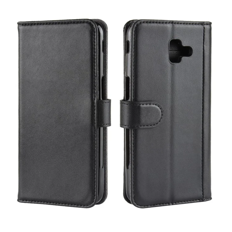 For Samsung Galaxy J6 Plus Phone Cases Genuine Split Leather Wallet Mobile Cover Stand - Black-Cellmalls