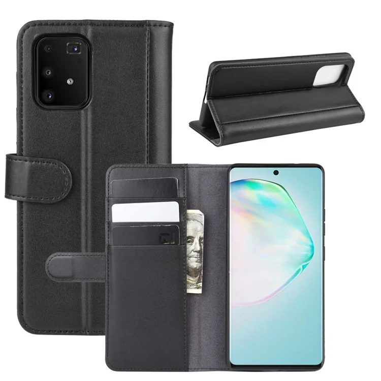 For Samsung Galaxy A91 / S10 Lite / M80s Phone Cases Genuine Split Leather Wallet Mobile Cover Stand - Black-Cellmalls