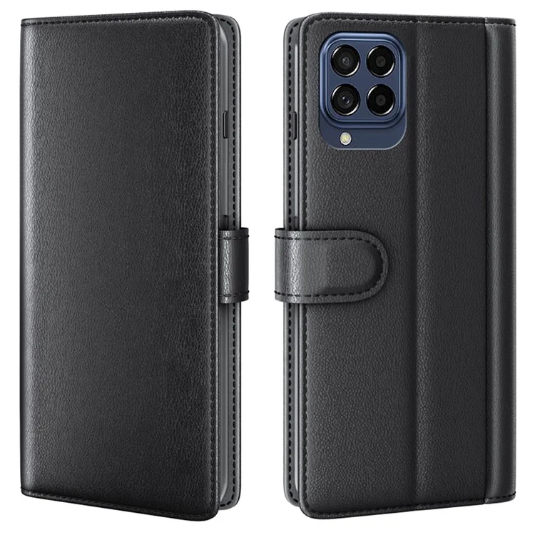 For Samsung Galaxy M33 5G (Global) Case Genuine Split Leather Phone Cover with Wallet Stand - Black-Cellmalls