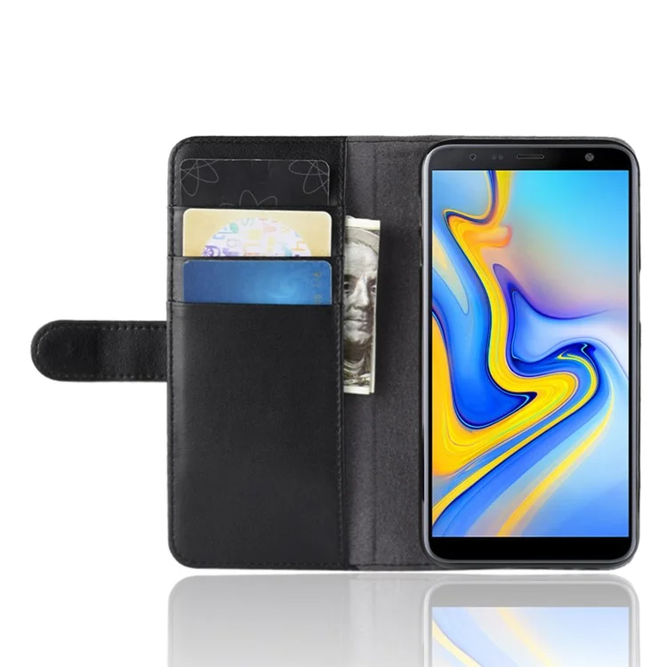 For Samsung Galaxy J6 Plus Phone Cases Genuine Split Leather Wallet Mobile Cover Stand - Black-Cellmalls