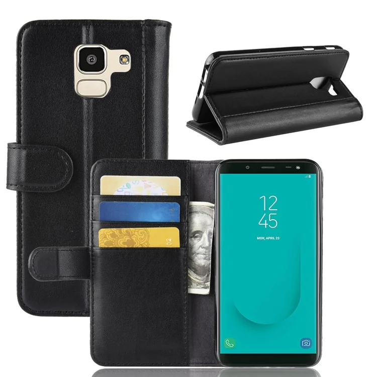 For Samsung Galaxy J6 (2018) Phone Cases Genuine Split Leather Wallet Mobile Cover Stand - Black-Cellmalls