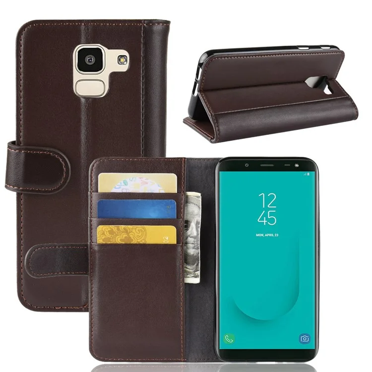For Samsung Galaxy J6 (2018) Phone Cases Genuine Split Leather Wallet Mobile Cover Stand - Black-Cellmalls