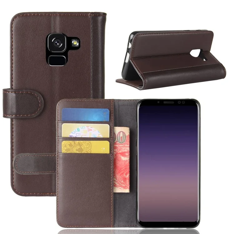 Genuine Leather Wallet Stand Phone Cover for Samsung Galaxy A8 (2018) Cell Phone Leather Shell - Black-Cellmalls