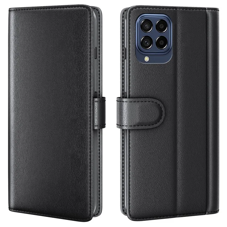 For Samsung Galaxy M53 5G Case Genuine Split Leather Phone Cover with Wallet Stand - Black-Cellmalls