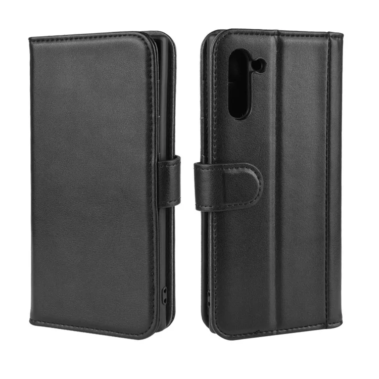 Genuine Split Leather Wallet Phone Shell Cover Case with Stand for Samsung Galaxy Note 10 - Black-Cellmalls