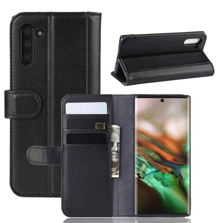 Genuine Split Leather Wallet Phone Shell Cover Case with Stand for Samsung Galaxy Note 10 - Black-Cellmalls