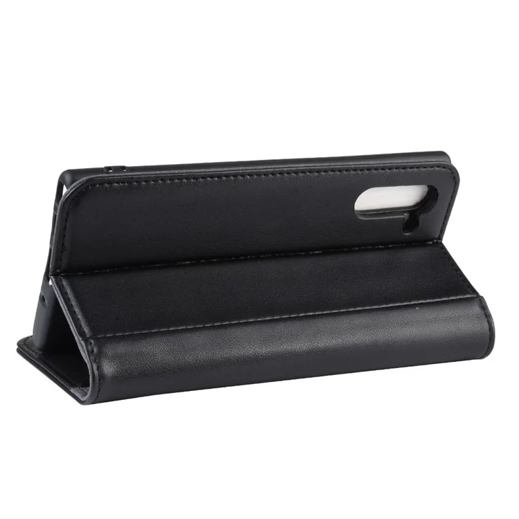 Genuine Split Leather Wallet Phone Shell Cover Case with Stand for Samsung Galaxy Note 10 - Black-Cellmalls