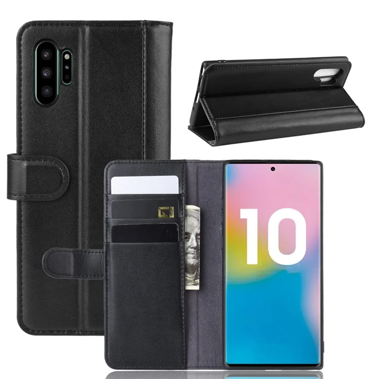For Samsung Galaxy Note 10 Plus / Note 10 Plus 5G Phone Cases Genuine Split Leather Wallet Mobile Cover Stand - Black-Cellmalls