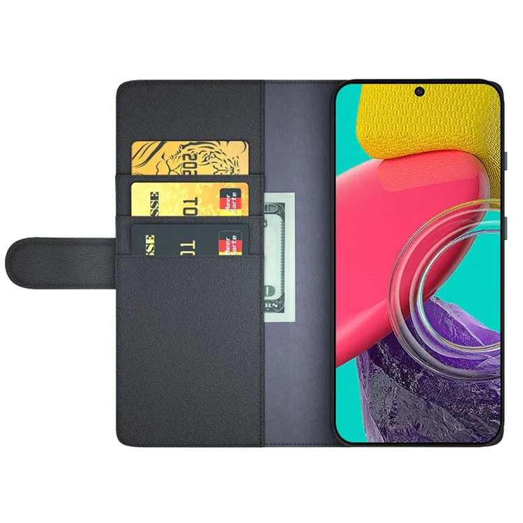 For Samsung Galaxy M53 5G Case Genuine Split Leather Phone Cover with Wallet Stand - Black-Cellmalls