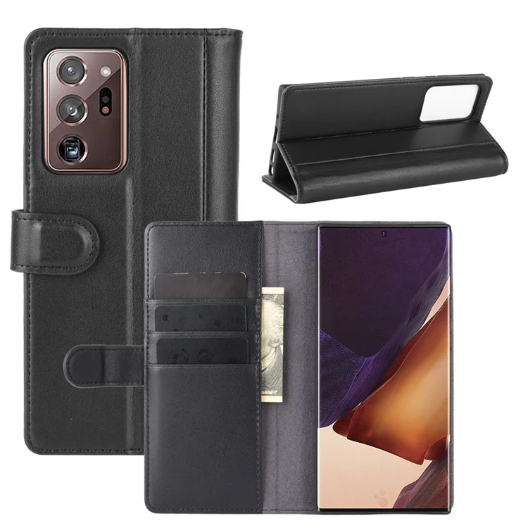 For Samsung Galaxy Note20 Ultra / Note20 Ultra 5G Phone Cases Genuine Split Leather Wallet Mobile Cover Stand - Black-Cellmalls
