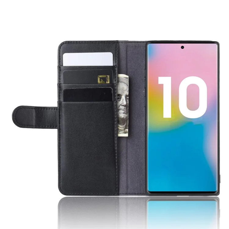 For Samsung Galaxy Note 10 Plus / Note 10 Plus 5G Phone Cases Genuine Split Leather Wallet Mobile Cover Stand - Black-Cellmalls