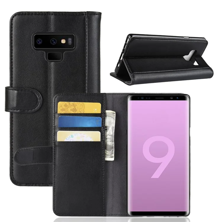 For Samsung Galaxy Note 9 Phone Cases Genuine Split Leather Wallet Mobile Cover Stand - Black-Cellmalls