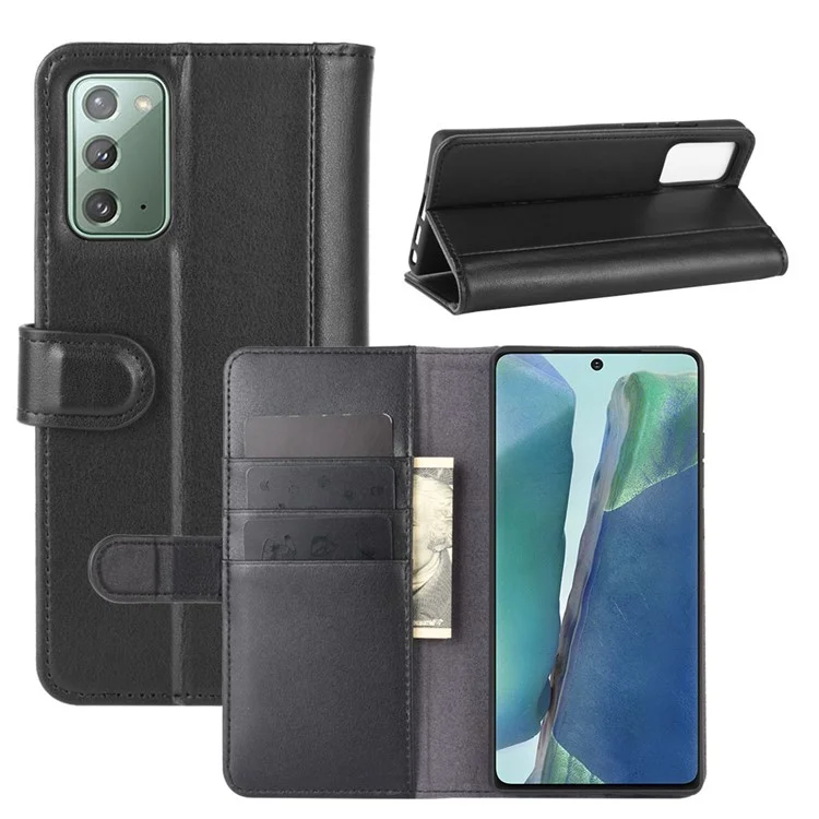 For Samsung Galaxy Note20 / Note20 5G Phone Cases Genuine Split Leather Wallet Mobile Cover Stand - Black-Cellmalls
