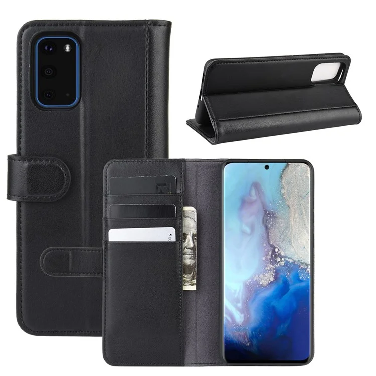 Split Leather Wallet Stand Phone Case for Samsung Galaxy S20 4G/S20 5G Cell Phone Accessory - Black-Cellmalls