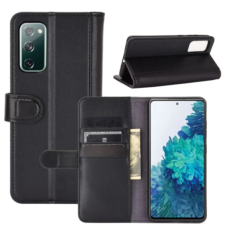 For Samsung Galaxy S20 FE 4G / 5G / 2022 / S20 Lite Phone Cases Genuine Split Leather Wallet Mobile Cover Stand - Black-Cellmalls