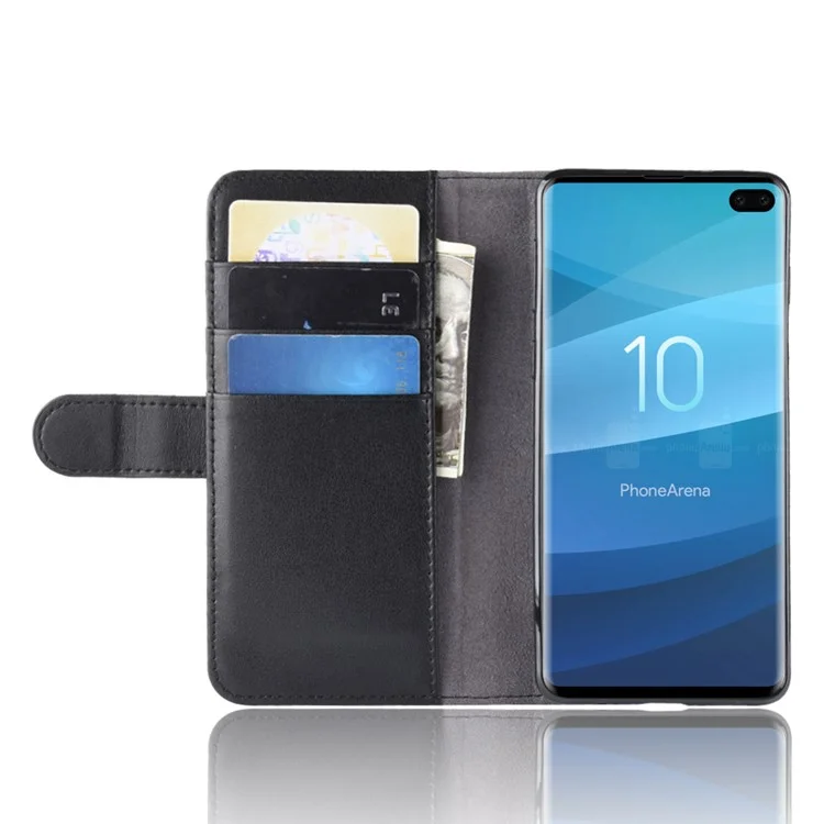 For Samsung Galaxy S10 Plus Phone Cases Genuine Split Leather Wallet Mobile Cover Stand - Black-Cellmalls