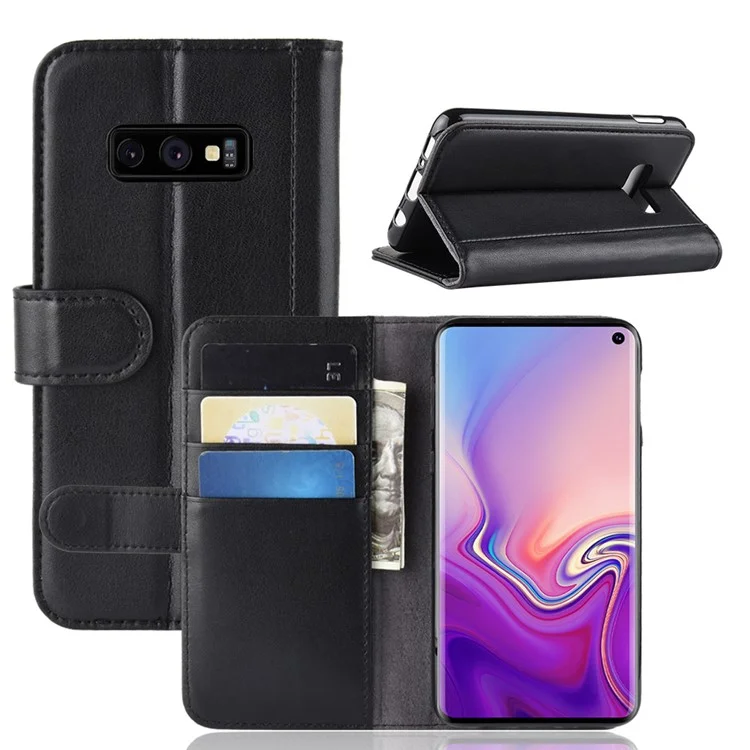 For Samsung Galaxy S10e Phone Cases Genuine Split Leather Wallet Mobile Cover Stand - Black-Cellmalls