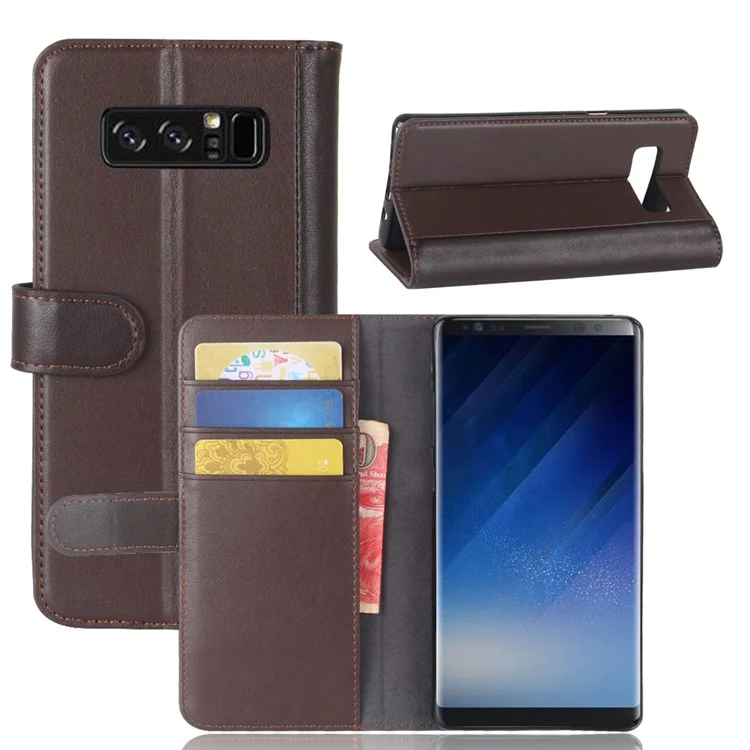 For Samsung Galaxy Note 8 Phone Cases Genuine Split Leather Wallet Mobile Cover Stand - Coffee-Cellmalls