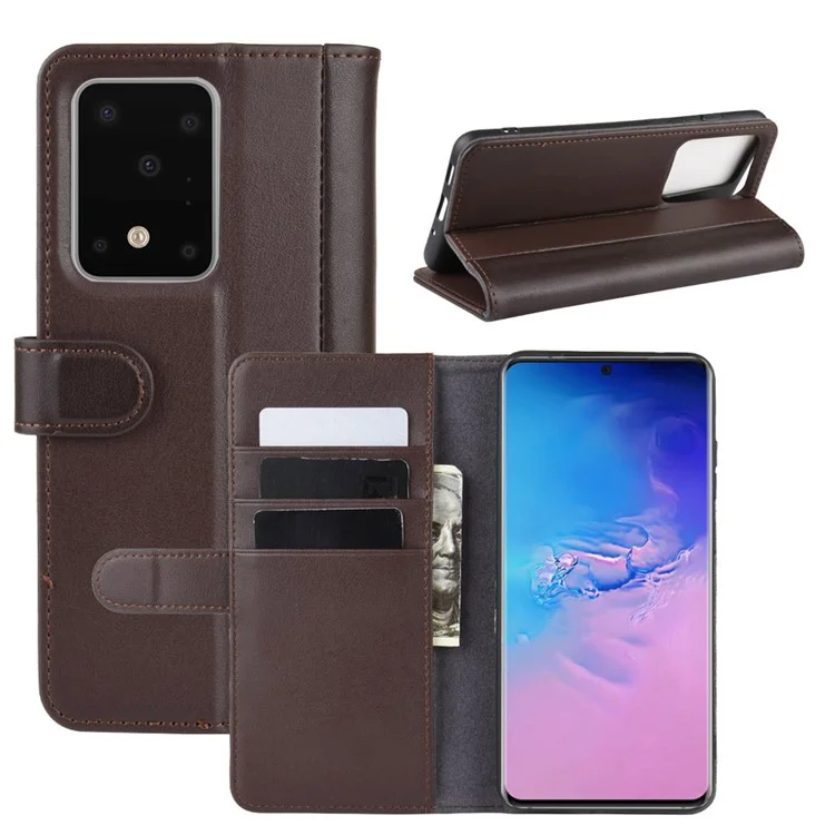 For Samsung Galaxy S20 Ultra Phone Cases Genuine Split Leather Wallet Mobile Cover Stand - Black-Cellmalls