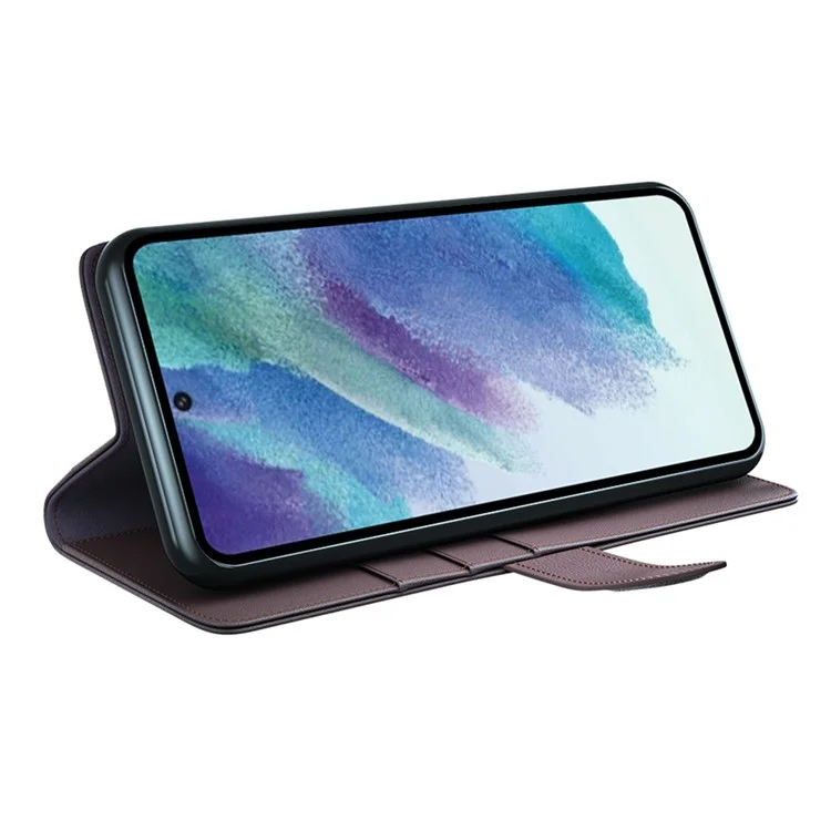 For Samsung Galaxy S21 FE 5G Case Genuine Split Leather Phone Cover with Wallet Stand - Brown-Cellmalls