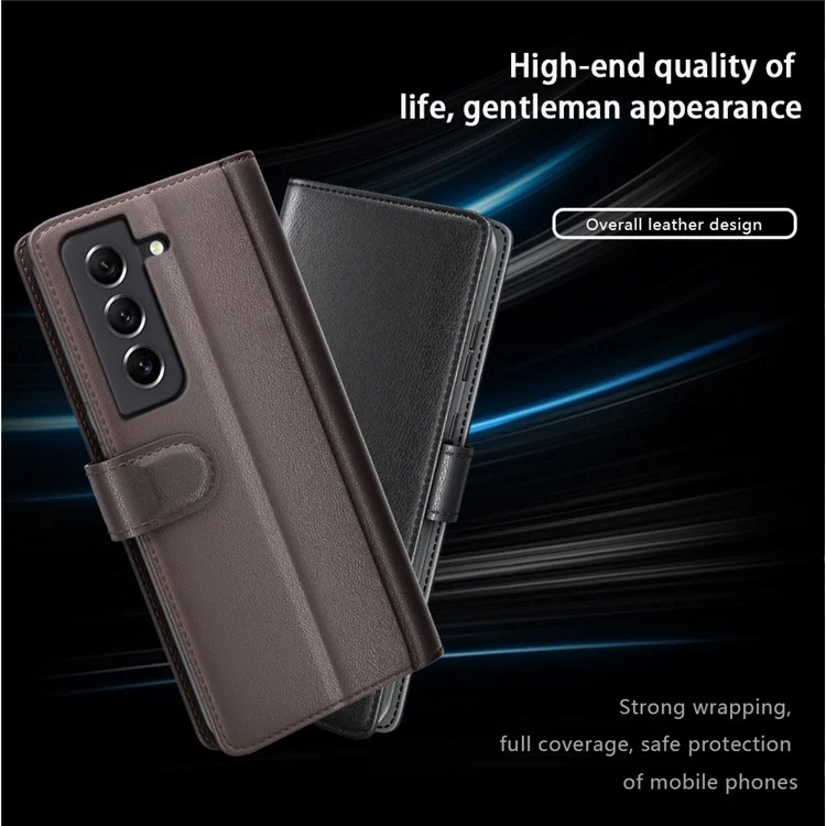 For Samsung Galaxy S21 FE 5G Case Genuine Split Leather Phone Cover with Wallet Stand - Brown-Cellmalls