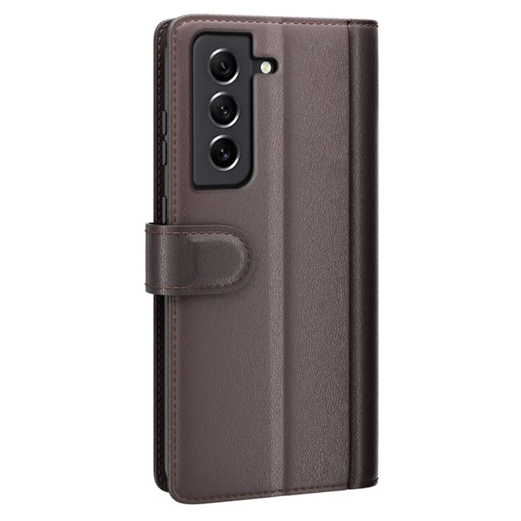 For Samsung Galaxy S21 FE 5G Case Genuine Split Leather Phone Cover with Wallet Stand - Brown-Cellmalls