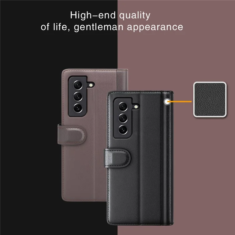 For Samsung Galaxy S21 FE 5G Case Genuine Split Leather Phone Cover with Wallet Stand - Brown-Cellmalls