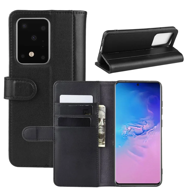 For Samsung Galaxy S20 Ultra Phone Cases Genuine Split Leather Wallet Mobile Cover Stand - Black-Cellmalls