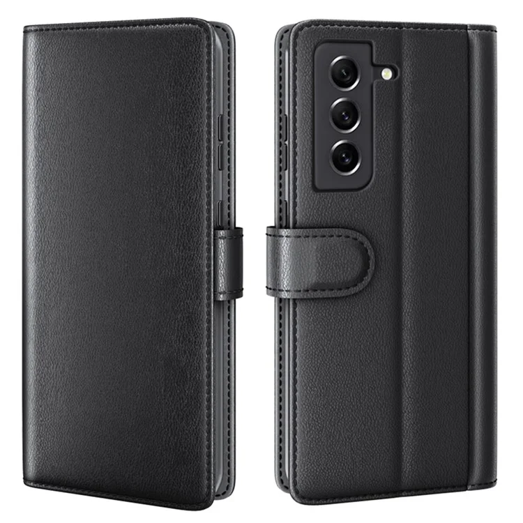 For Samsung Galaxy S21 FE 5G Case Genuine Split Leather Phone Cover with Wallet Stand - Brown-Cellmalls