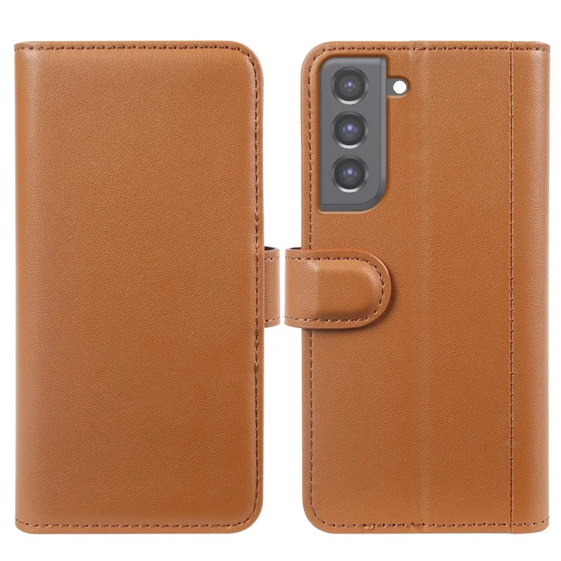 For Samsung Galaxy S21 FE 5G Case Genuine Split Leather Phone Cover with Wallet Stand - Brown-Cellmalls