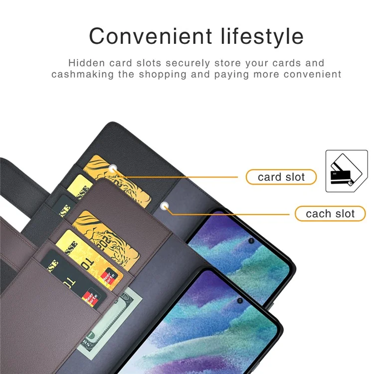 For Samsung Galaxy S21 FE 5G Case Genuine Split Leather Phone Cover with Wallet Stand - Brown-Cellmalls