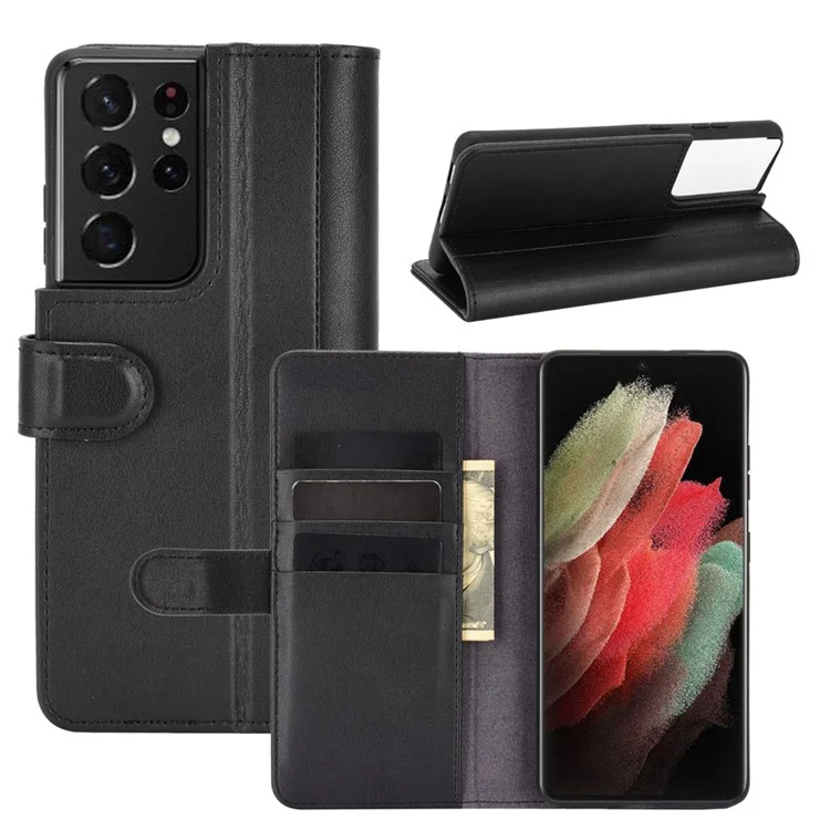 For Samsung Galaxy S21 Ultra 5G Poco X2 Phone Cases Genuine Split Leather Wallet Mobile Cover Stand - Black-Cellmalls