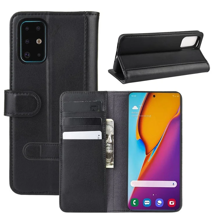For Samsung Galaxy S20 Plus Phone Cases Genuine Split Leather Wallet Mobile Cover Stand - Black-Cellmalls