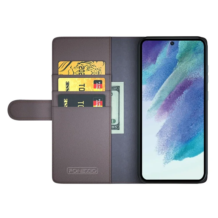 For Samsung Galaxy S21 FE 5G Case Genuine Split Leather Phone Cover with Wallet Stand - Brown-Cellmalls