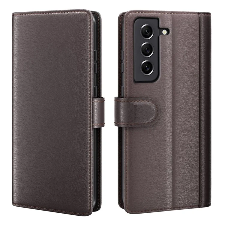 For Samsung Galaxy S21 FE 5G Case Genuine Split Leather Phone Cover with Wallet Stand - Brown-Cellmalls