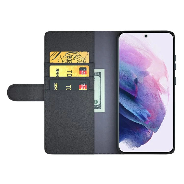 Magnetic Closure Genuine Split Leather Phone Case Stand TPU Wallet Flip Cover for Samsung Galaxy S22 5G - Black-Cellmalls
