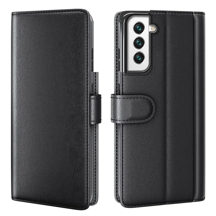 Magnetic Closure Genuine Split Leather Phone Case Stand TPU Wallet Flip Cover for Samsung Galaxy S22 5G - Black-Cellmalls