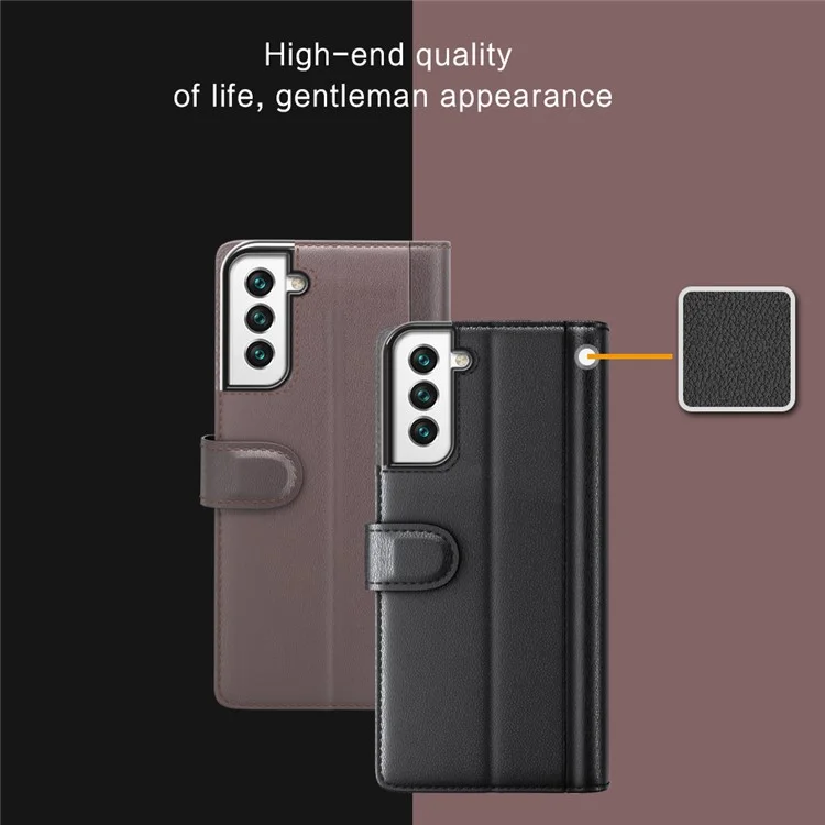 Magnetic Closure Genuine Split Leather Phone Case Stand TPU Wallet Flip Cover for Samsung Galaxy S22 5G - Black-Cellmalls