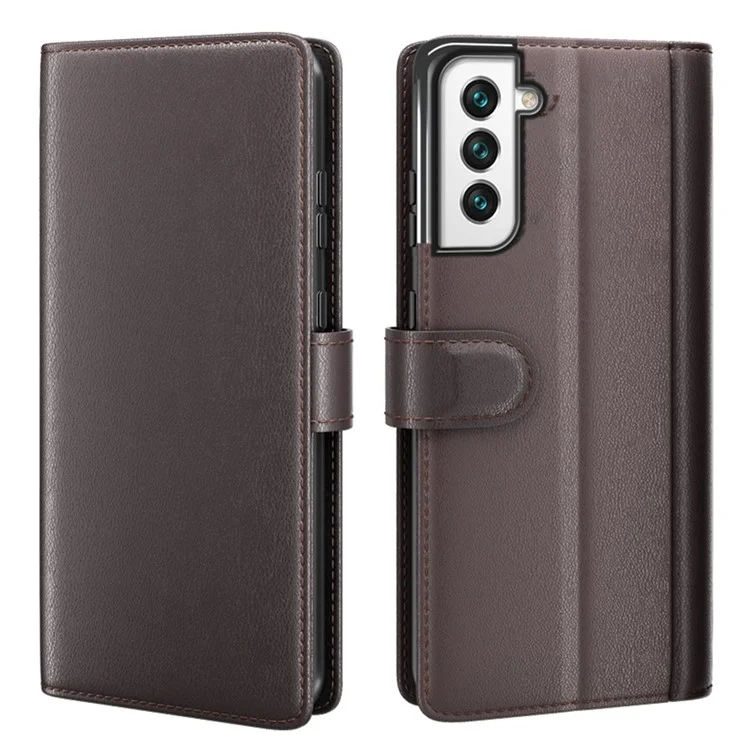 Magnetic Closure Genuine Split Leather Phone Case Stand TPU Wallet Flip Cover for Samsung Galaxy S22 5G - Black-Cellmalls